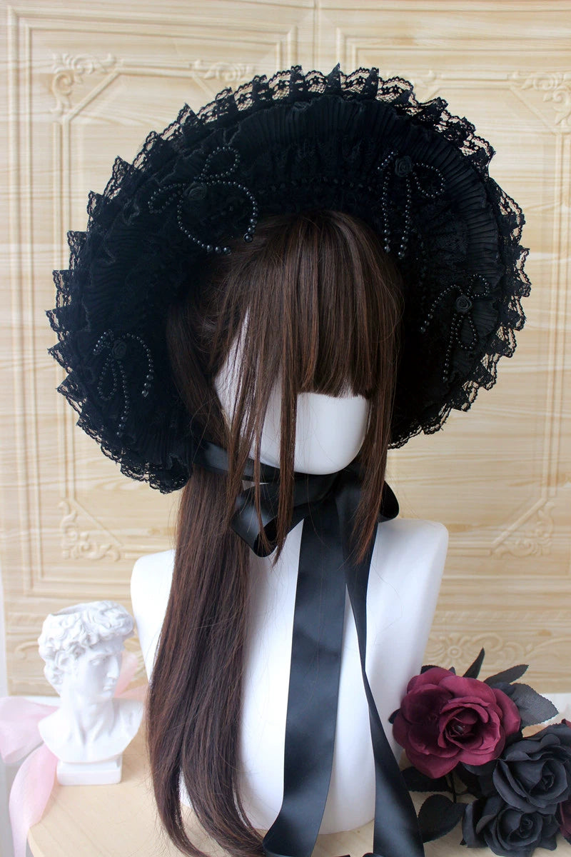 (BFM)Deer Girl~Gothic Lolita Handmade Bonnet with Bows and Beads black bonnet with beads  