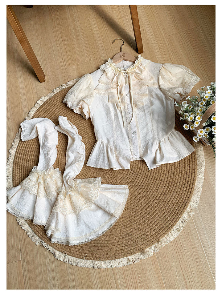 With PUJI~Anna~Classic Lolita Shirt with Lace Embroidery and Princess Sleeves Ivory shirt with detachable sleeves S