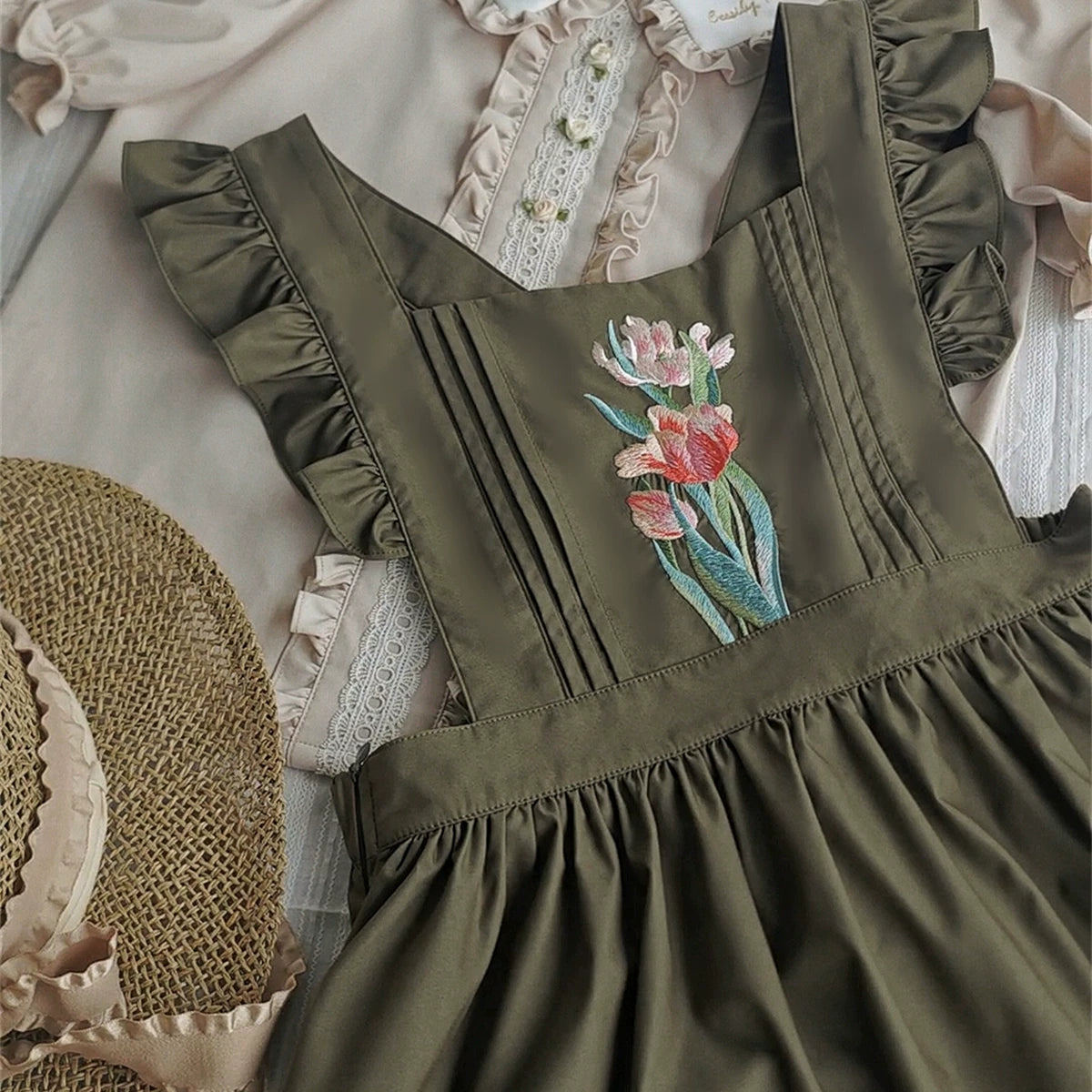 Little Florist - Classic Lolita Salopette Dress & Blouse Set, Tulip Embroidery (3XL L M S XL) 45833:864216