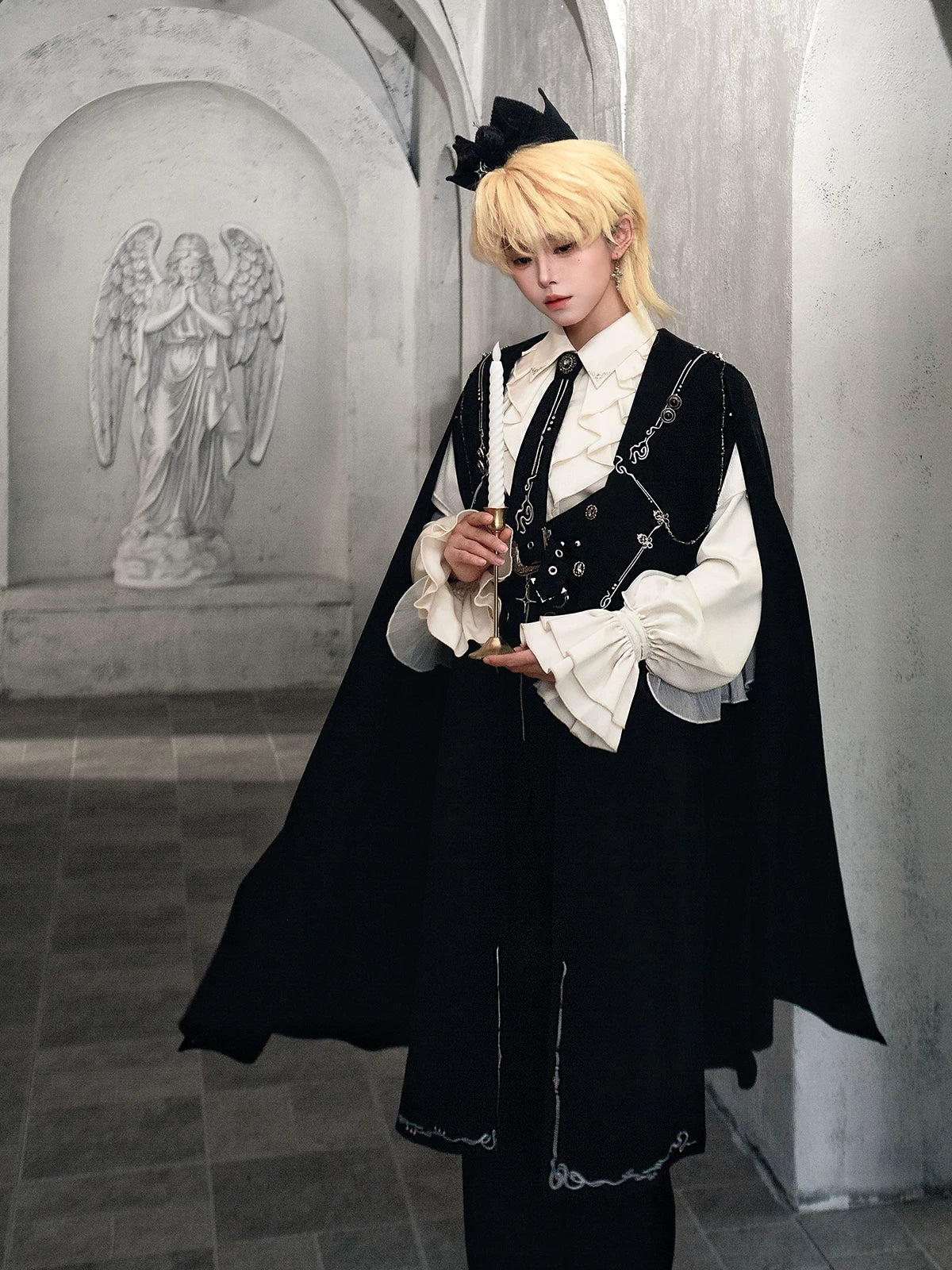 Hidden Crow - Ouji Lolita Cloak & Pants Suit, Silver-Thread Embroidery 46041:873246
