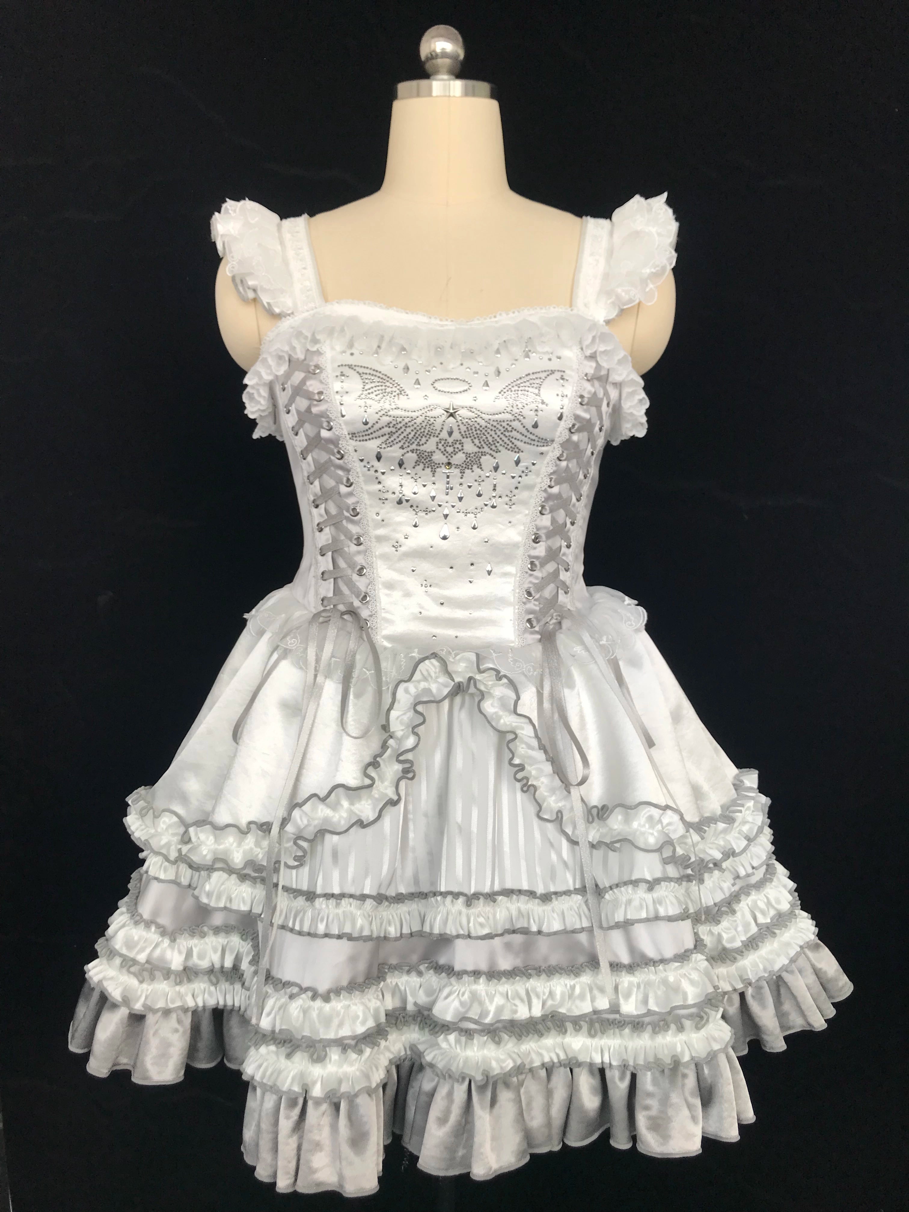 LustrE - Metallic Angel - Silver-white Punk Lolita JSK, Wing and Rhinestone Details (L M S XL XS) 44276:801879