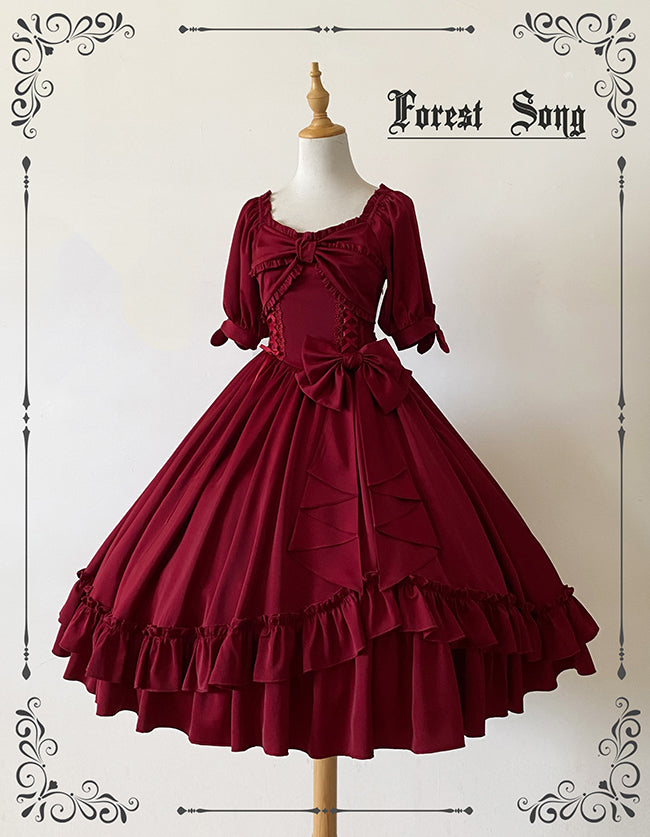 Forest Song - Elegant Lolita Solid Color Bow OP Dress Multicolors S red OP