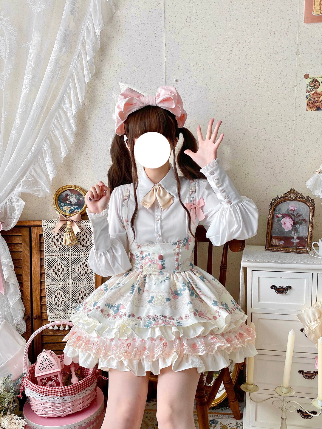 Qianmu~Rose Cream~Sweet Lolita Dress Fishbone Tiered Bust-supporting Dress   