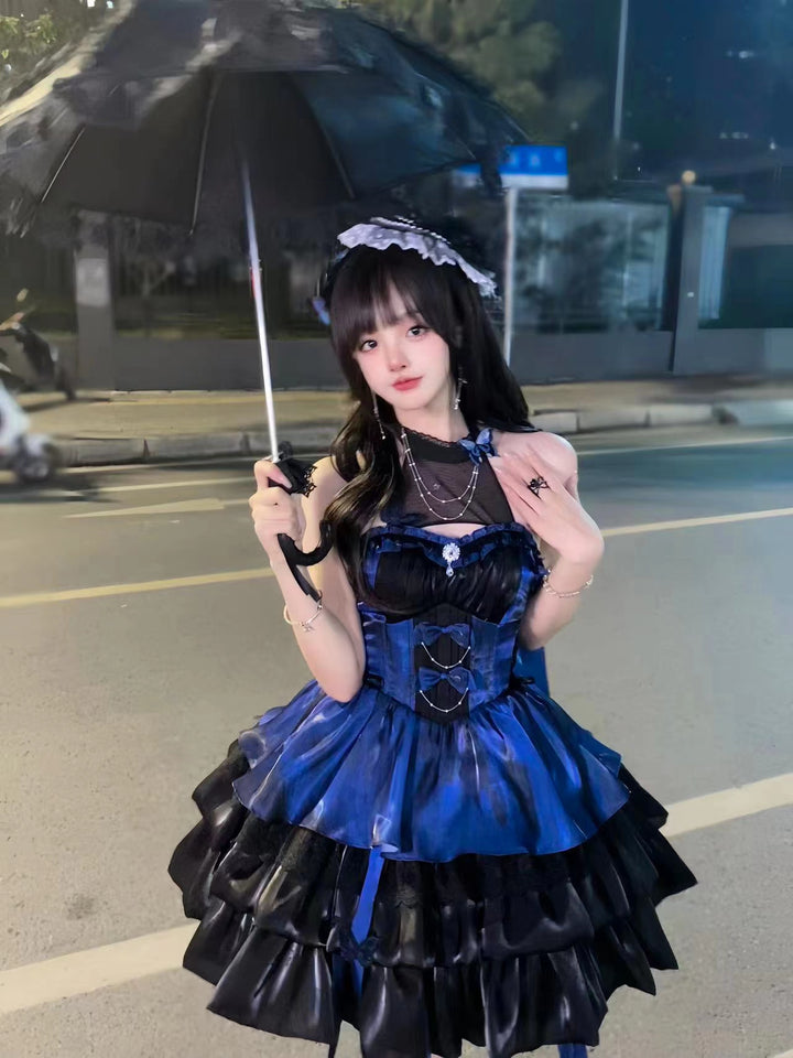 Platycodon House~Love Goddess~Elegant Lolita Dress Halter Puff Princess JSK Dress XS black and blue dress - halter style (without trailing veil) 