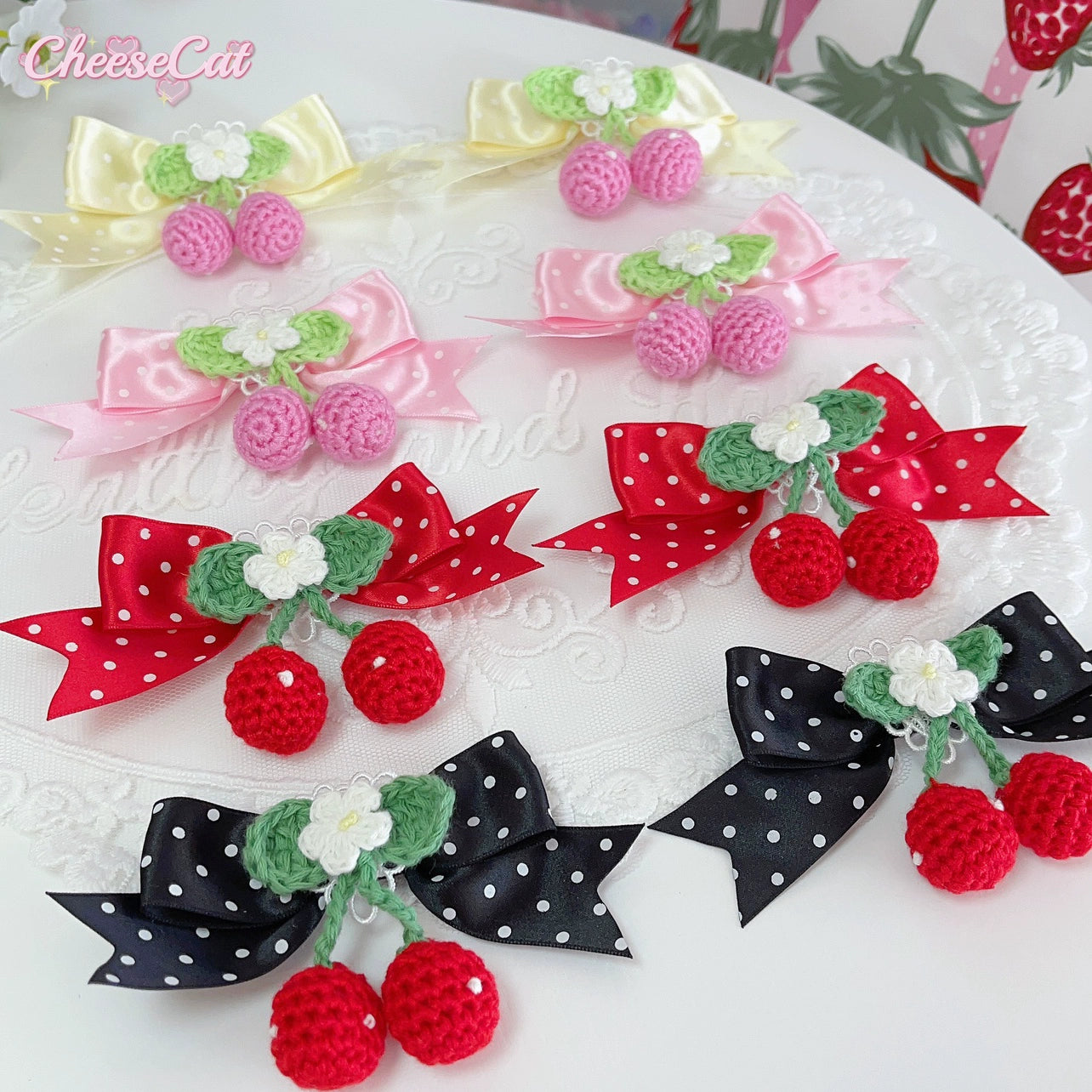 Cheese Cat~Sweet Lolita Headdress Ribbon Strawberry Hair Clip Cherry Clips   