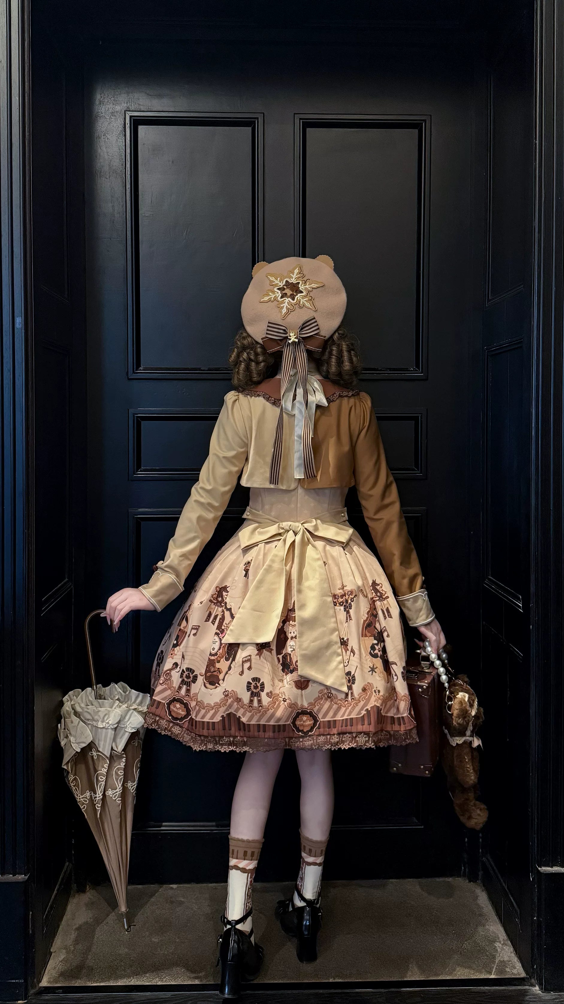 Cream Bear - Print Kawaii Lolita Fake Two-Piece OP, A-lined JSK Dress 44502:811681
