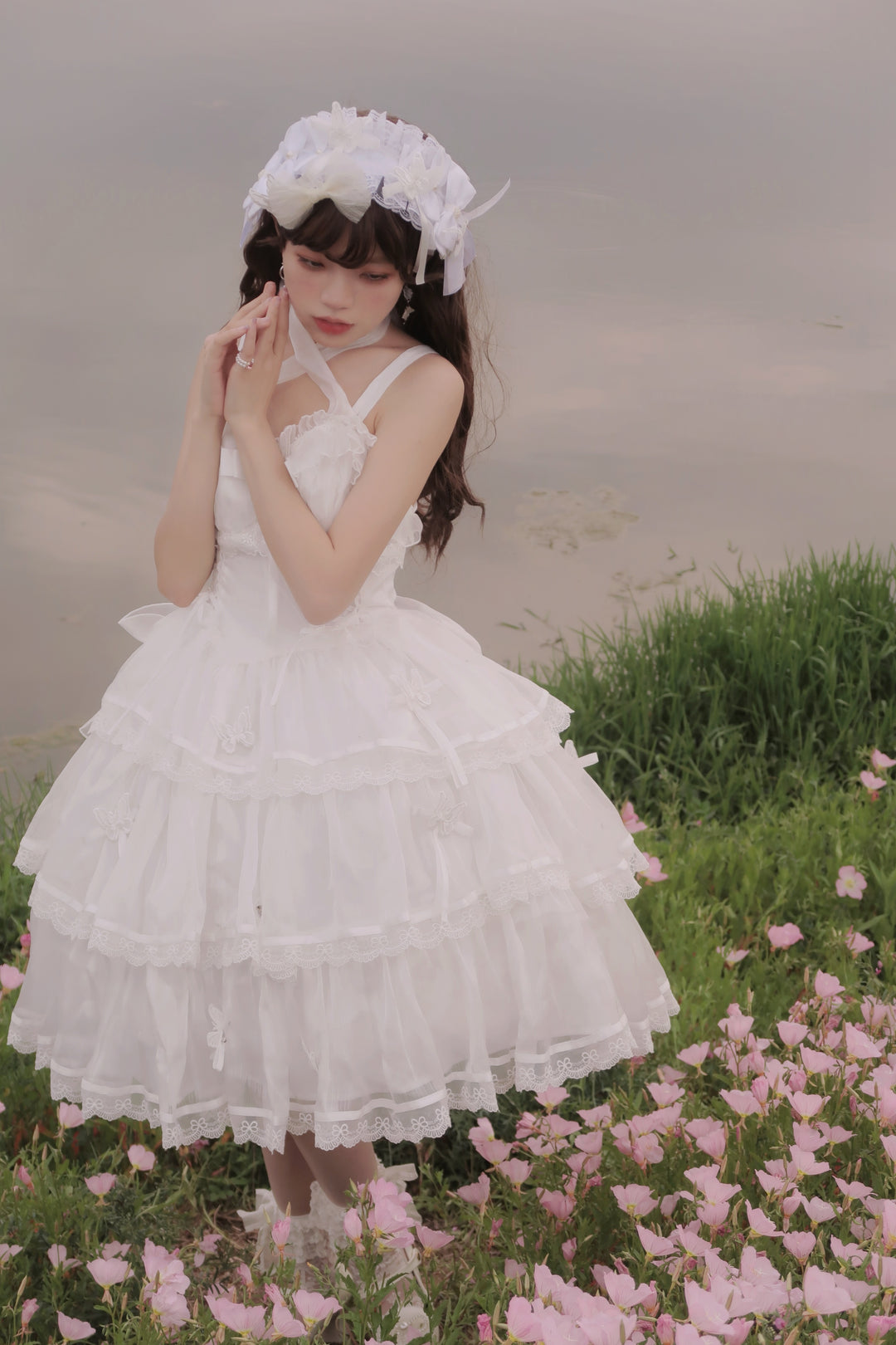 MEEKWIND~Miss Flora~Light Bridal Lolita Dress Gauze OP and JSK White XS JSK