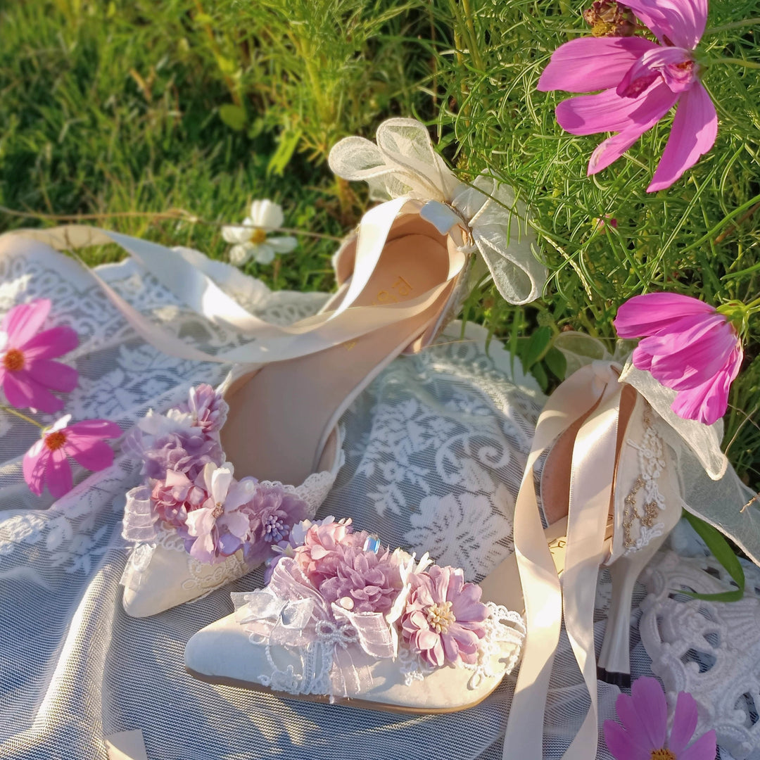 Sky Rabbit~Hanami Season~Wedding Lolita Heel Shoes with Floral Decoration