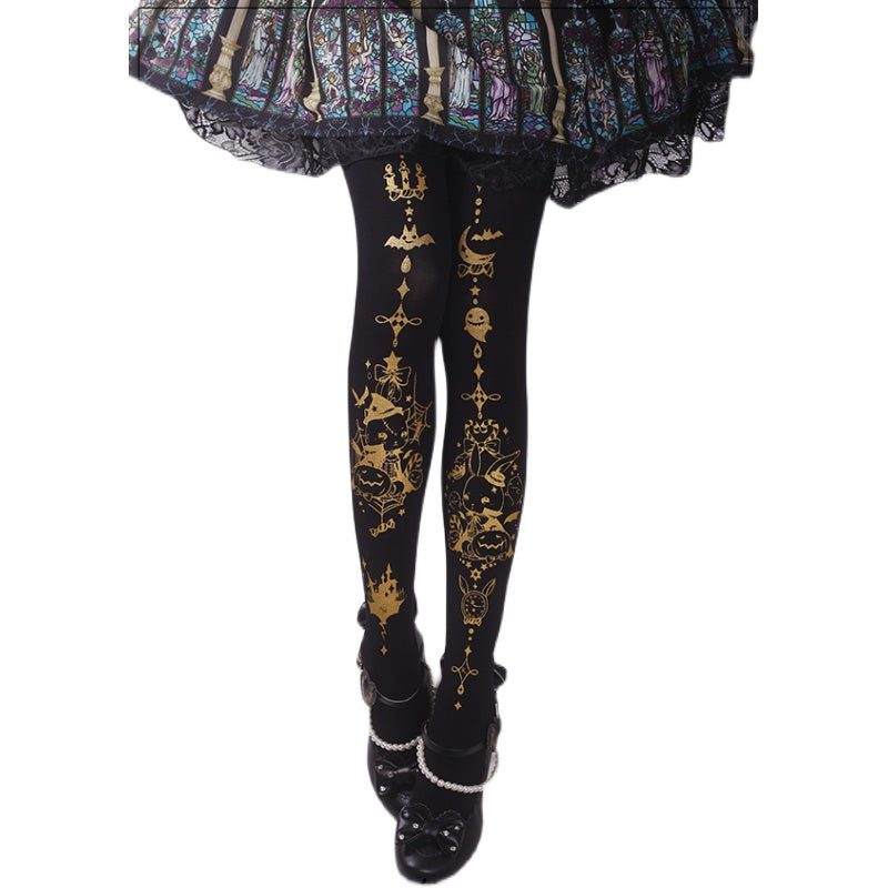 Ruby Rabbit - Halloween Gothic Lolita Rabbit and Pumpkin Print Pantyhose One Size black