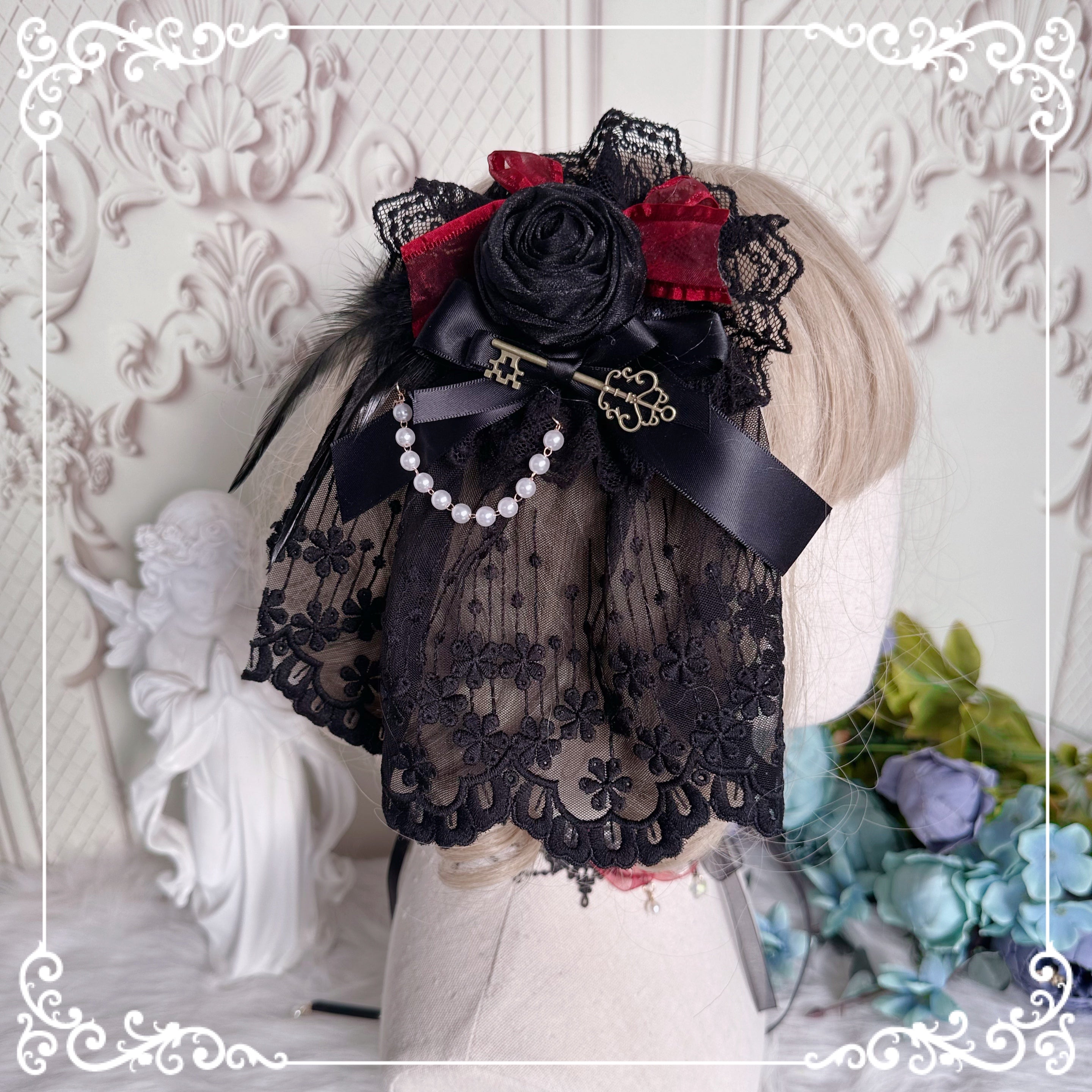 Chestnut Lolita - Gothic Lolita accessory Handmade Hairband Black Rose Veil Flower