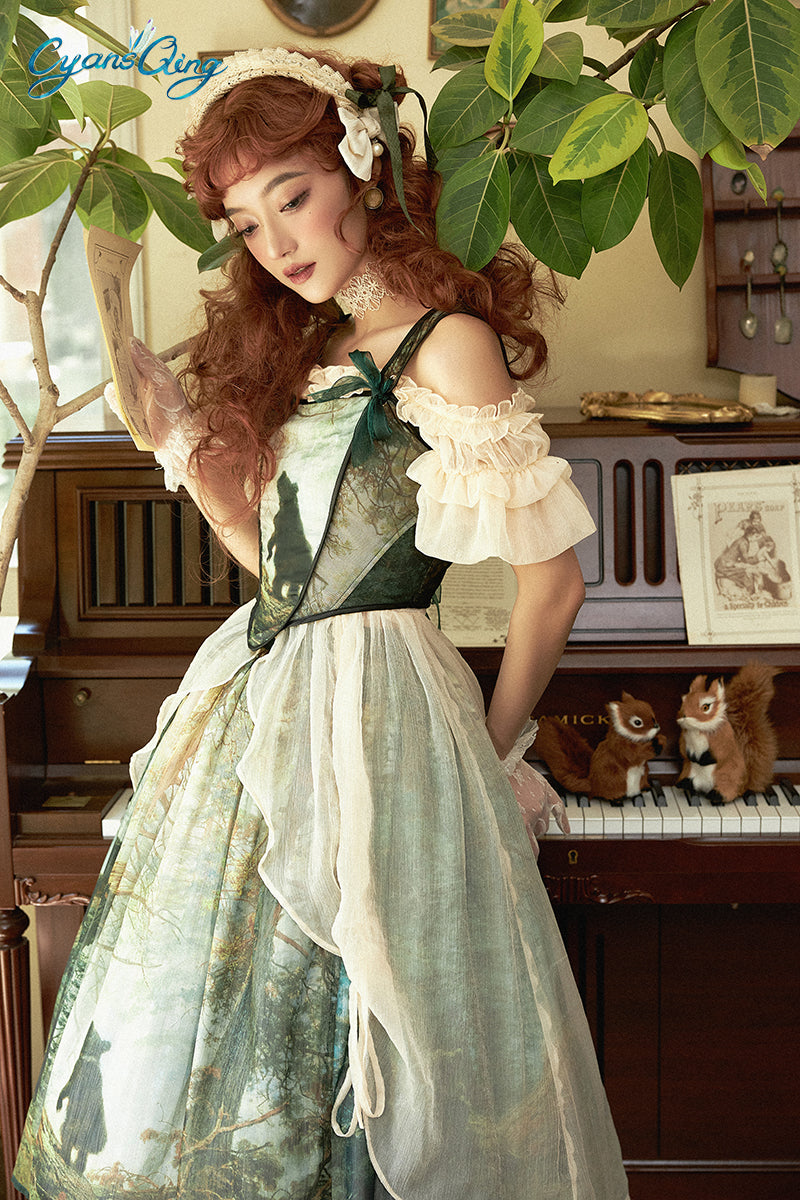 Cyan Lolita~Morning of Pine Forest~Elegant Lolita Bear Print Skirt   