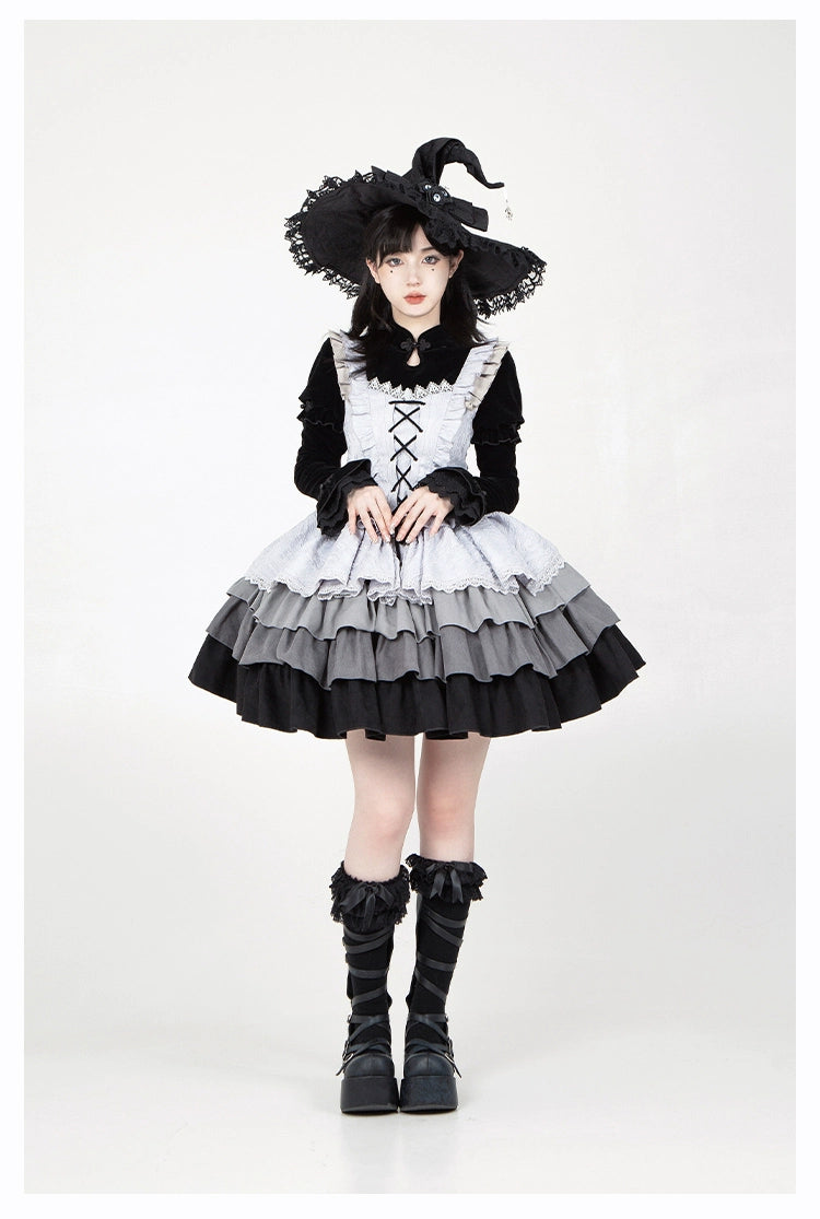 With Puji~Innocent Talk~Halloween Chinese Style Lolita OP Black-silver Gray Dress   