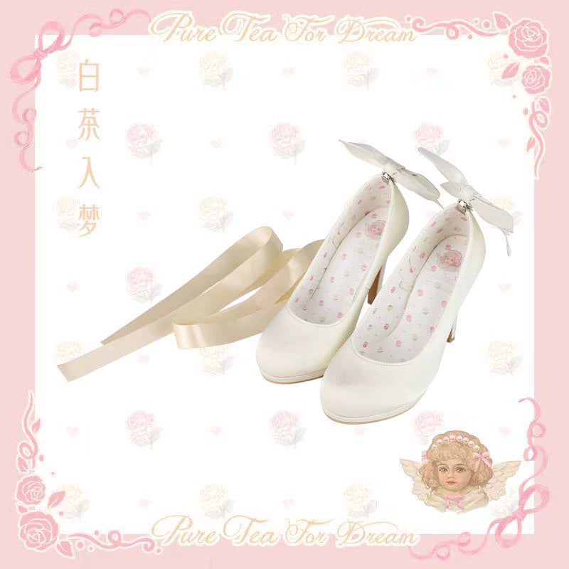 Pure Tea For Dream~Butterfly Specimen~Ballet Style Lolita Shoes Elegant Platform Lolita Heels 34 Satin cream white 