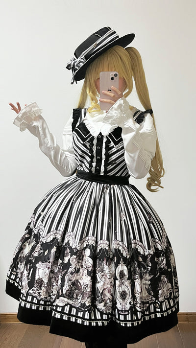 (Buyforme)Little Bear~Gothic Lolita Black and White Striped JSK Set   