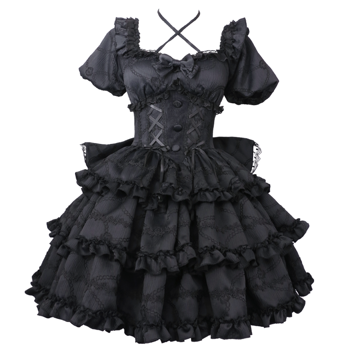 OCELOT~Puff Rose~Sweet Lolita OP Princess Bow Trailing Lolita Dress Night Sky (OP with large back bow) S 