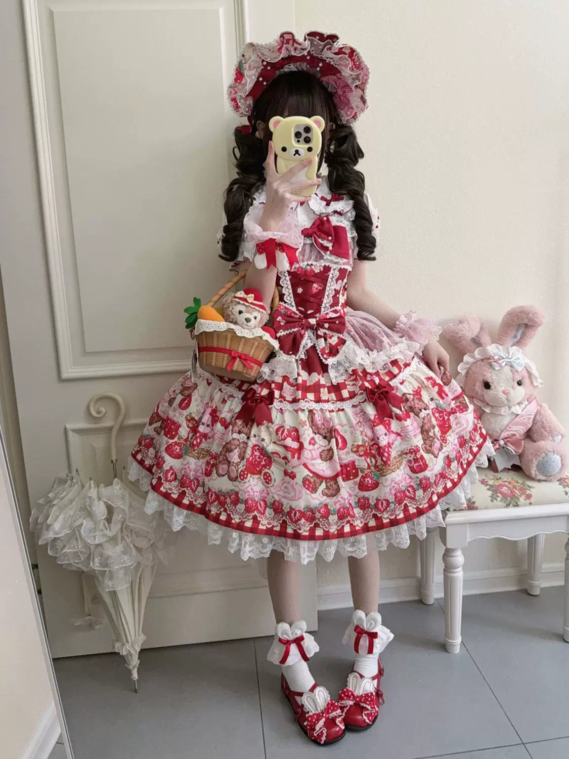 SweetBerry Bunny Bear - Sweet Lolita Tiered Lace JSK Dress, Strawberry and Bear Print