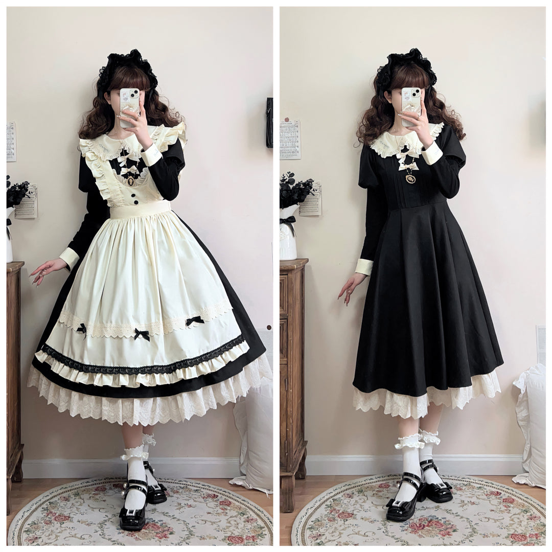 Qianmu~Classic Maid~Gothic Maid Lolita OP Suit with Apron and Jabot