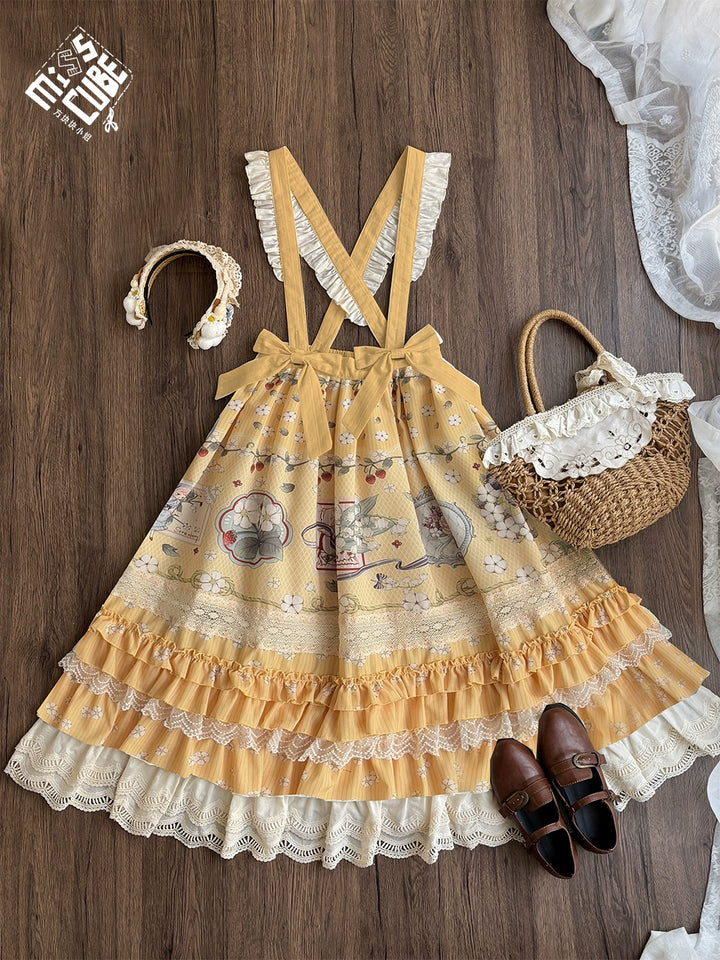 Miss Cube~Cool Sheep Whisper~Kawaii Retro Lolita SK with Detachable Suspenders Yellow - print suspenders SK only XS