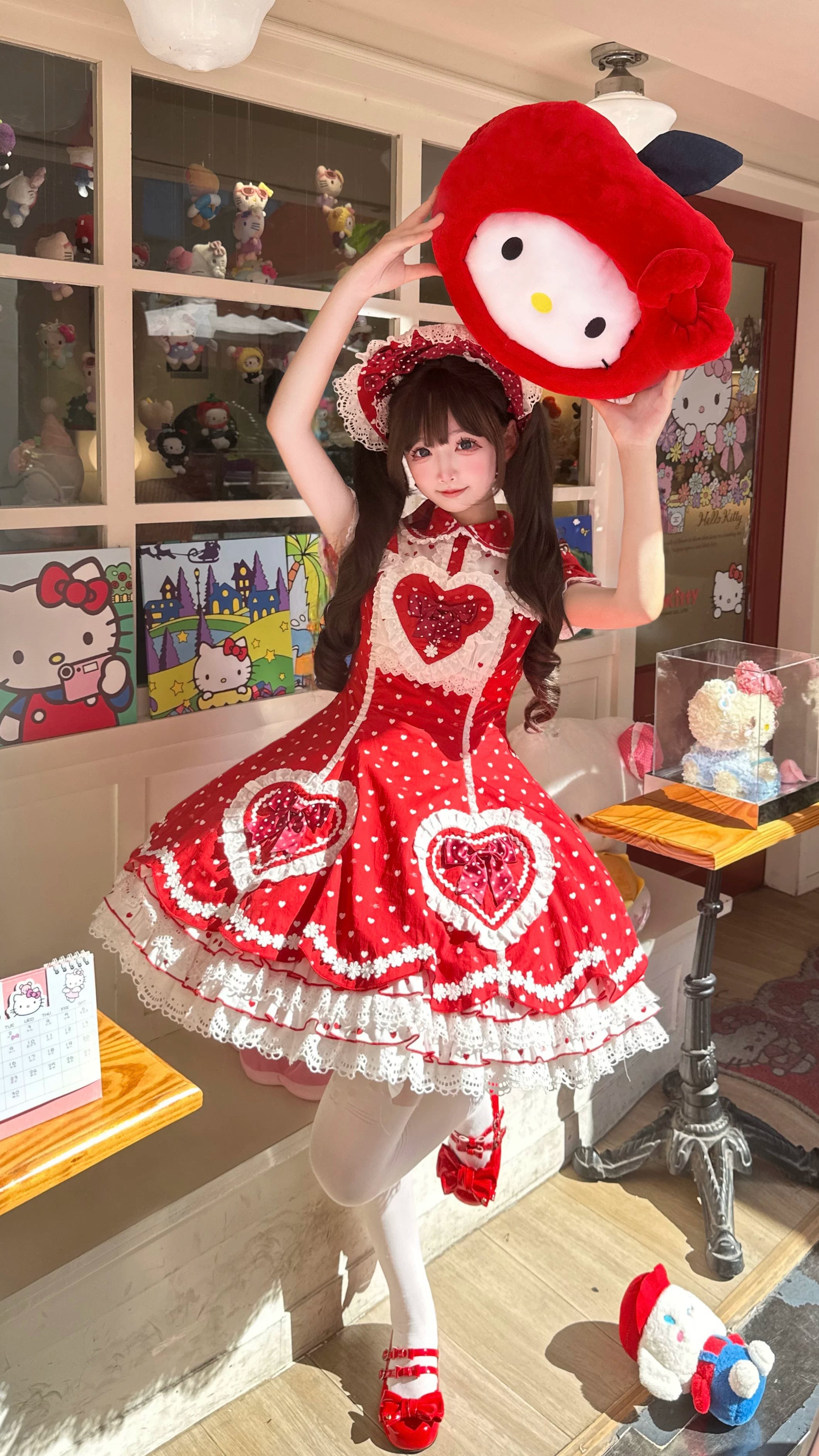 Maiden's Heart Knot - Cotton Old School Lolita Dress, Heart Polka Dot
