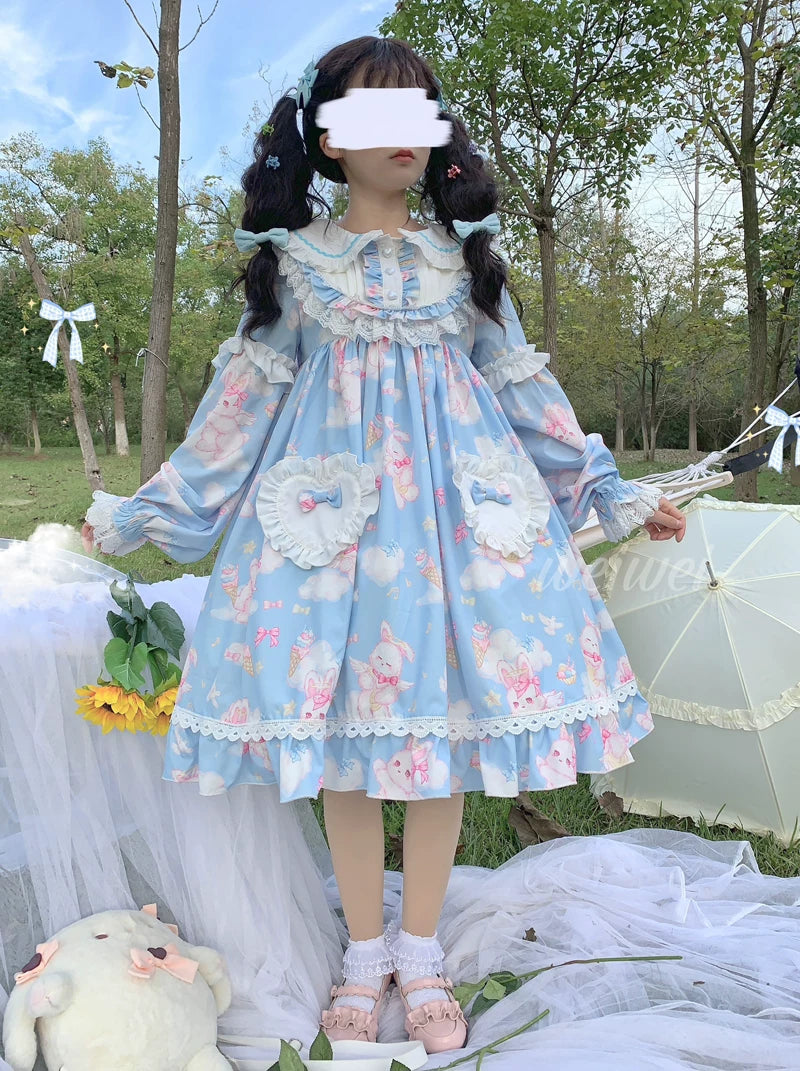 Sweet Soft Bunny - Printed Sweet Lolita OP Dress, Bunny Ears (Blue / L M S) 44863:826540