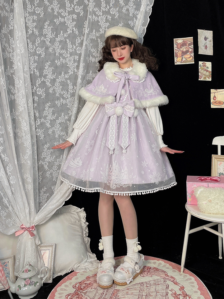 To Alice~Snow Moon Castle~Sweet Lolita Jumper Dress Set Christmas Plush Cape   