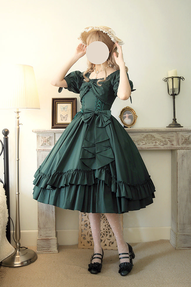 Forest Song - Elegant Lolita Solid Color Bow OP Dress Multicolors