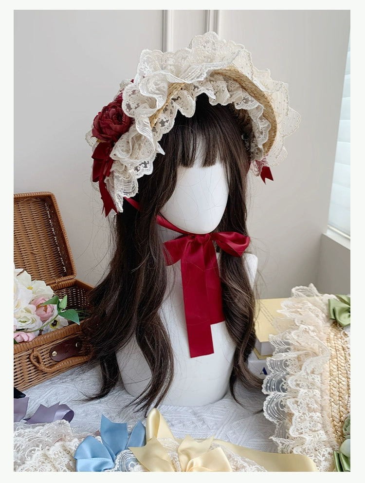 With PUJI~Floral Language~Country Lolita Lace Bow Flat Cap Straw Hat   