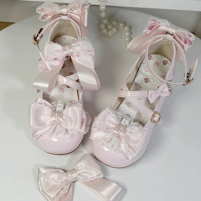 Cloud Satin Dream - Sweet Lolita Shoes, Ribbon Bows & Round Toe Pink low heels 35