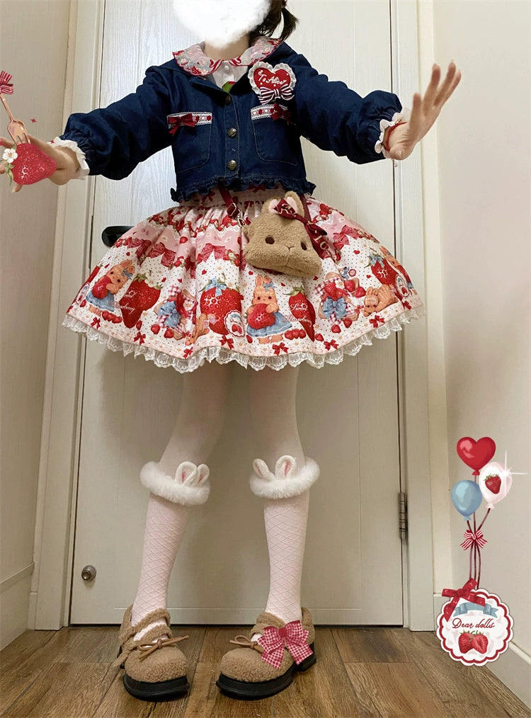 To Alice~Spring Strawberry Bunny~Kawaii Lolita Salopette Dress Hooded Coat and Blouse