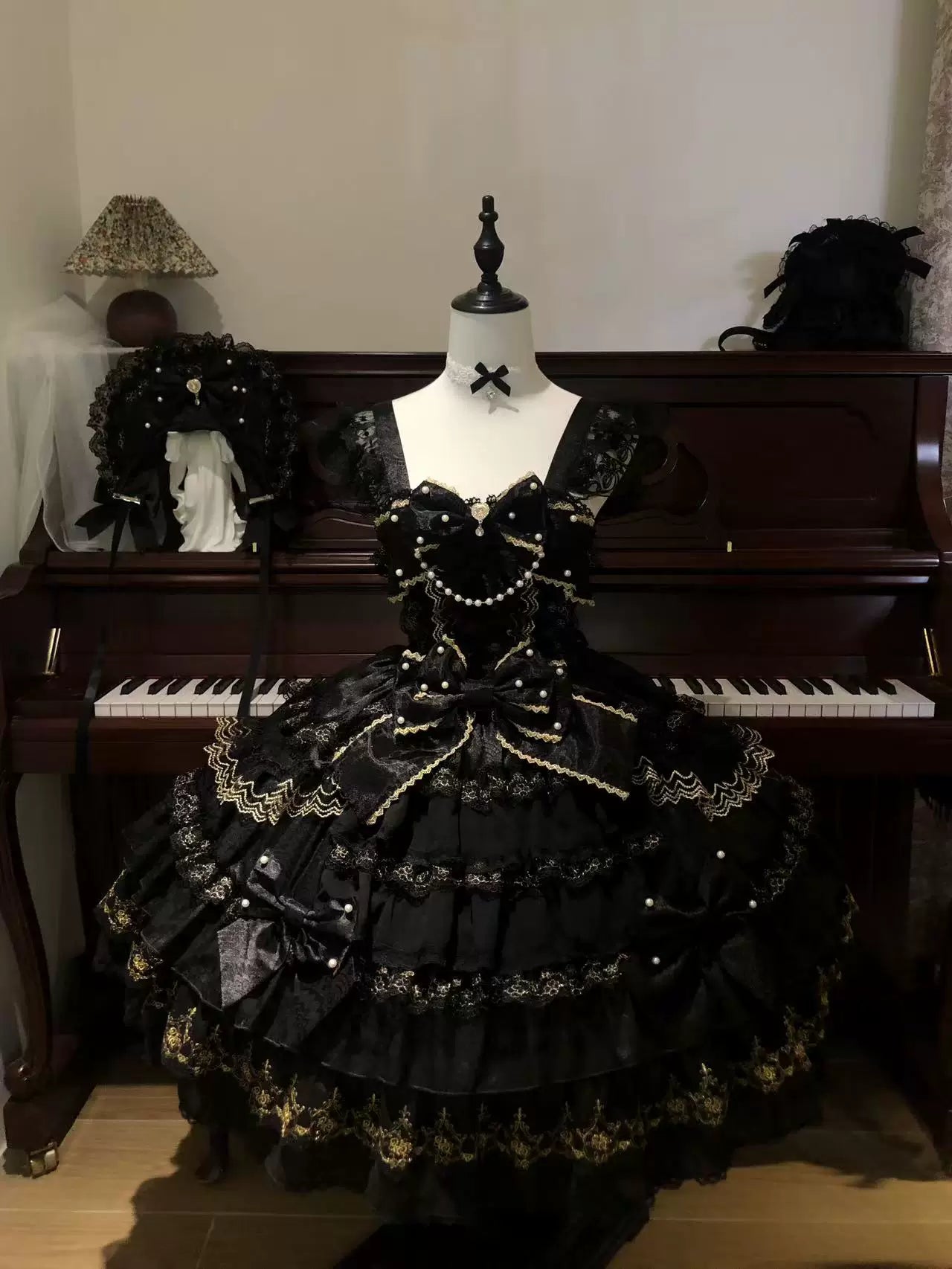 Slumbering Pearl Curtain - Sweet Lolita JSK Dress, Pearl Bows and Layered Lace 45780:862480