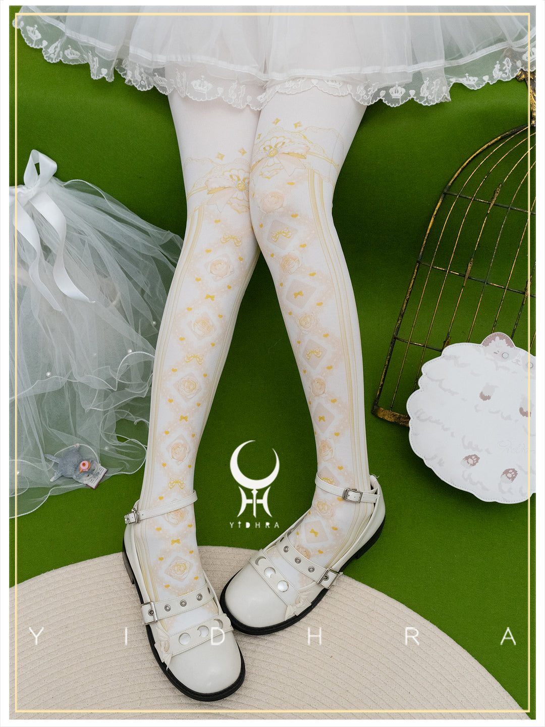 Yidhra~Sweet Entanglement~Gothic Lolita Pantyhose with Floral Prints Yellow