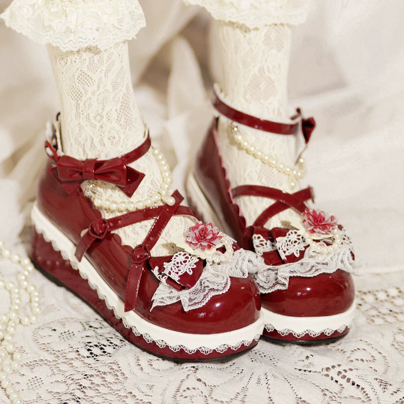 Pearl Floral Reverie - Sweet Lolita Shoes, Detachable Pearl Chain and Floral Accent (Red / 34 35 36 37 38 39 40 41) 45531:852261