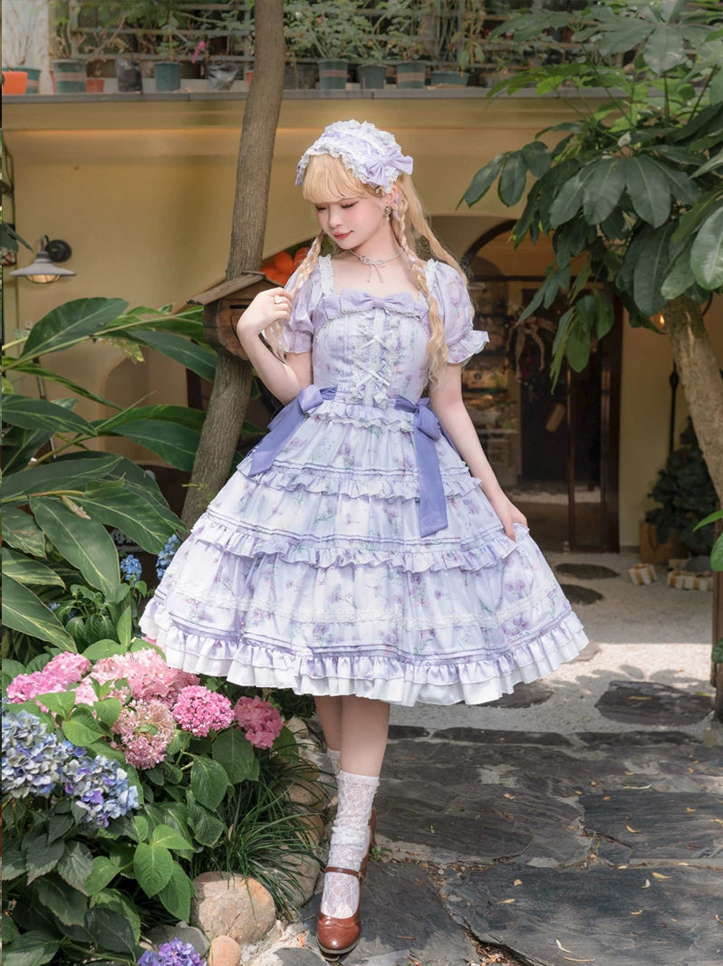 Purple Blossom Romance - Chiffon Classic Lolita OP Dress, Floral Print