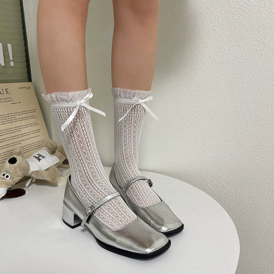 WAGUIR~Sweet Lolita Socks Bow Lace Mid Tube Socks for Spring/Summer White Free size 