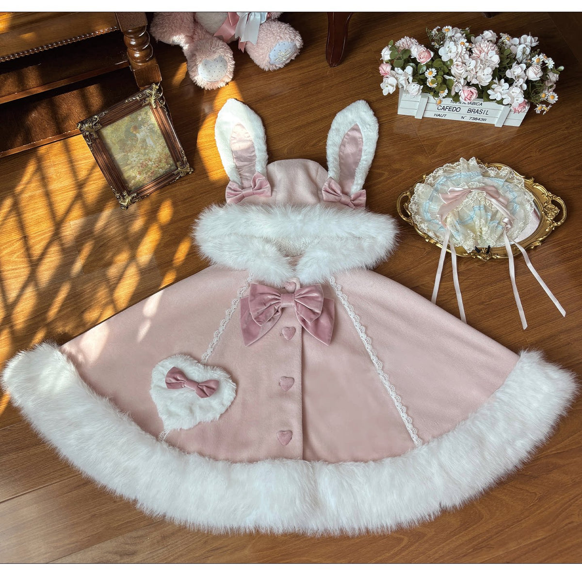 Floppy Bunny Ear -Sweet Lolita Winter Fleece-Lined Cape Coat with Bunny Ears