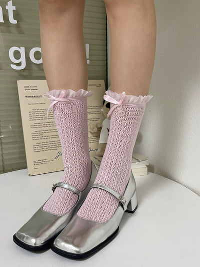 WAGUIR~Sweet Lolita Socks Bow Lace Mid Tube Socks for Spring/Summer Pink Free size 