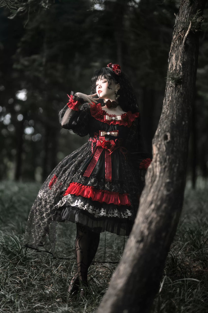 Uncle Wall Original~Night of Berea~Gothic Lolita OP Black and Red Lolita Dress