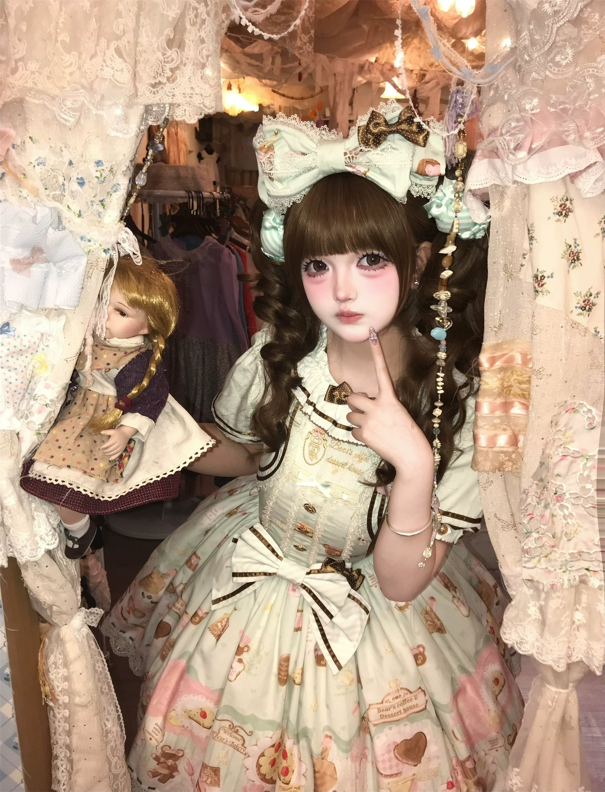 Babyblue - Dream Teahouse - Dessert Print Kawaii Lolita OP Dress Suit 43332:773714