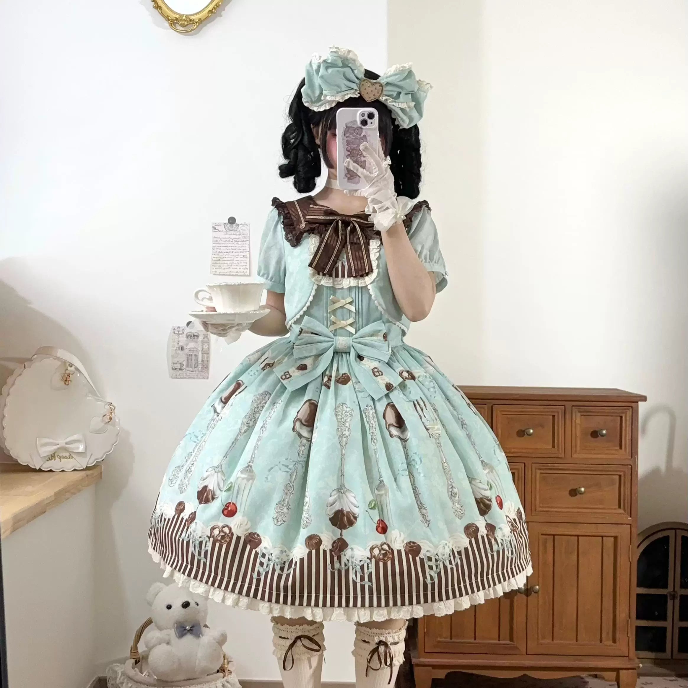Dessert - Kawaii Lolita Sailor Collar OP Dress, Chocolate & Fork Print 44905:827081