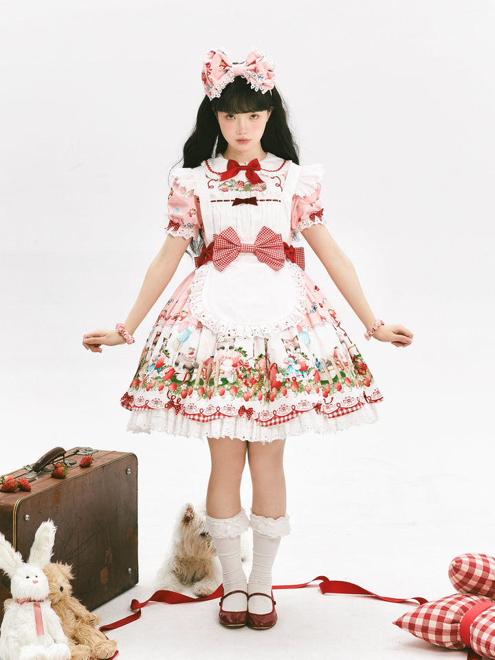 GD Lolita~Cat Strawberry Garden~Sweet Lolita Dress High Waist JSK Strawberry Print OP