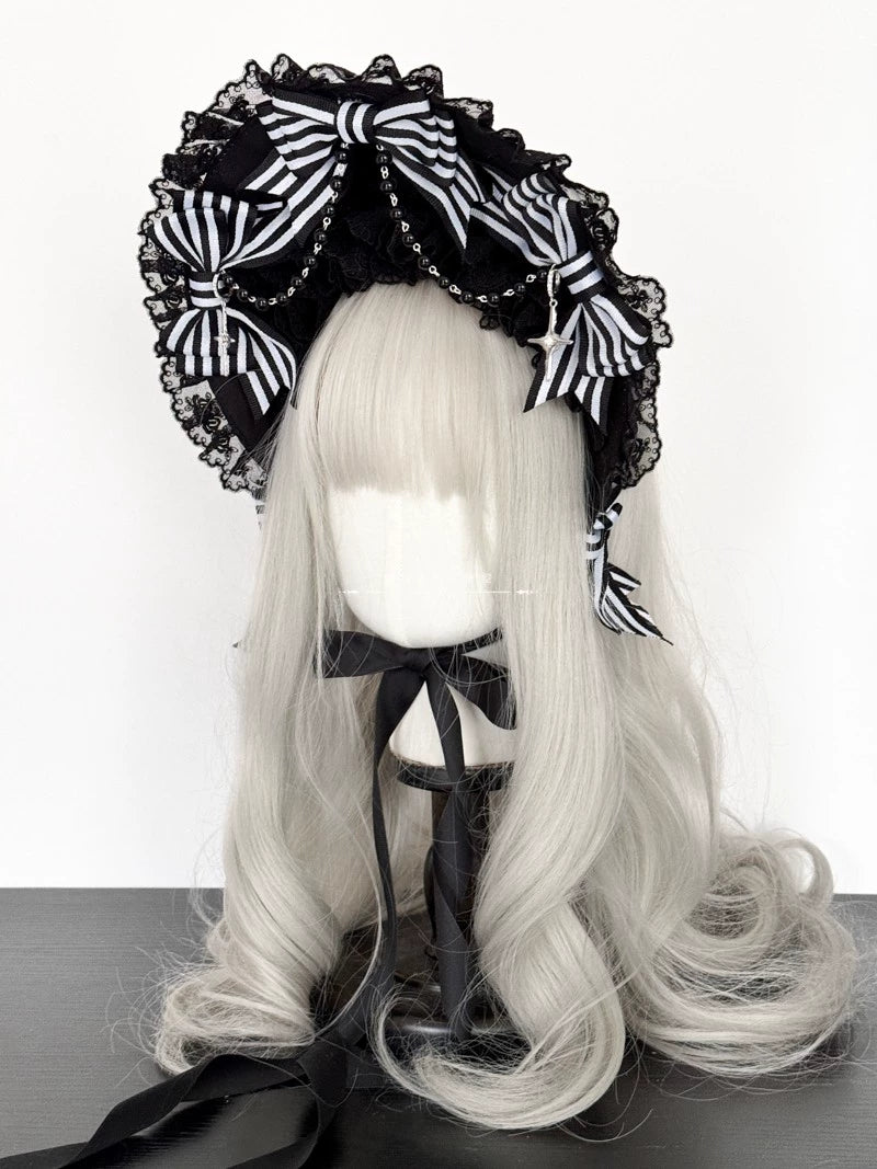 MAID~Gothic Lolita Hat Black and White Stripes Lolita Bonnet   