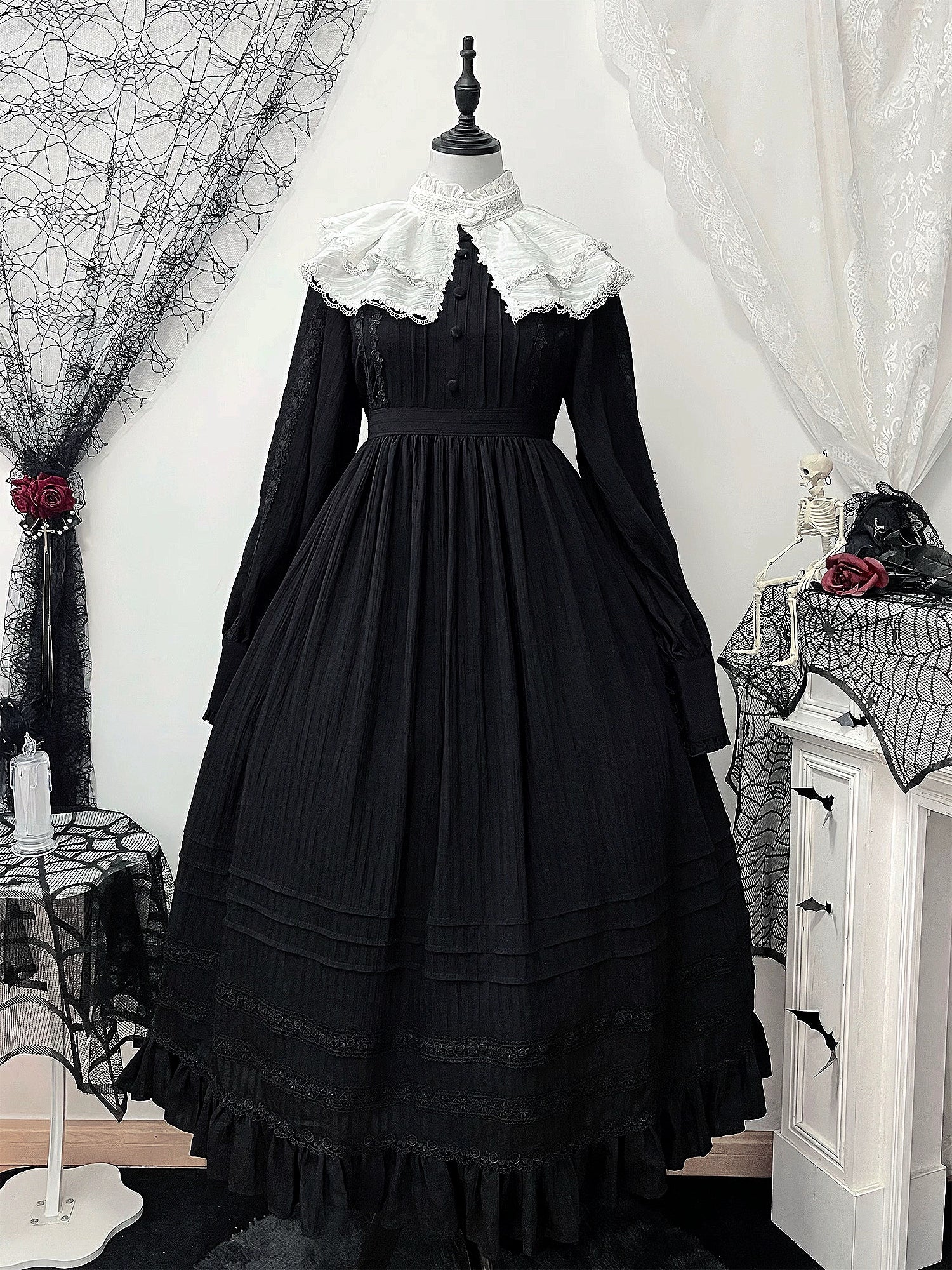 Sanshanjiu - A Quiet Place - Nun Style Gothic Lolita OP Dress Black OP + White Detachable Collar XS