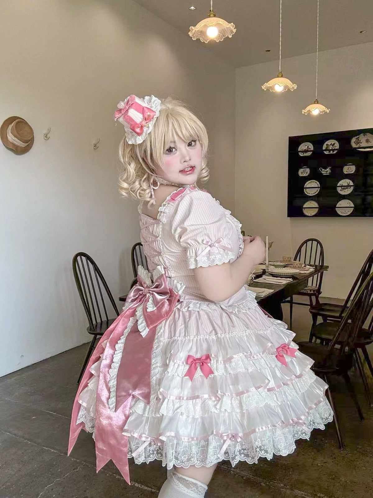 Sparkle Annie - Plus Size Sweet Lolita Top & SK Set, Cream Pink Pinstripe 45943:869231