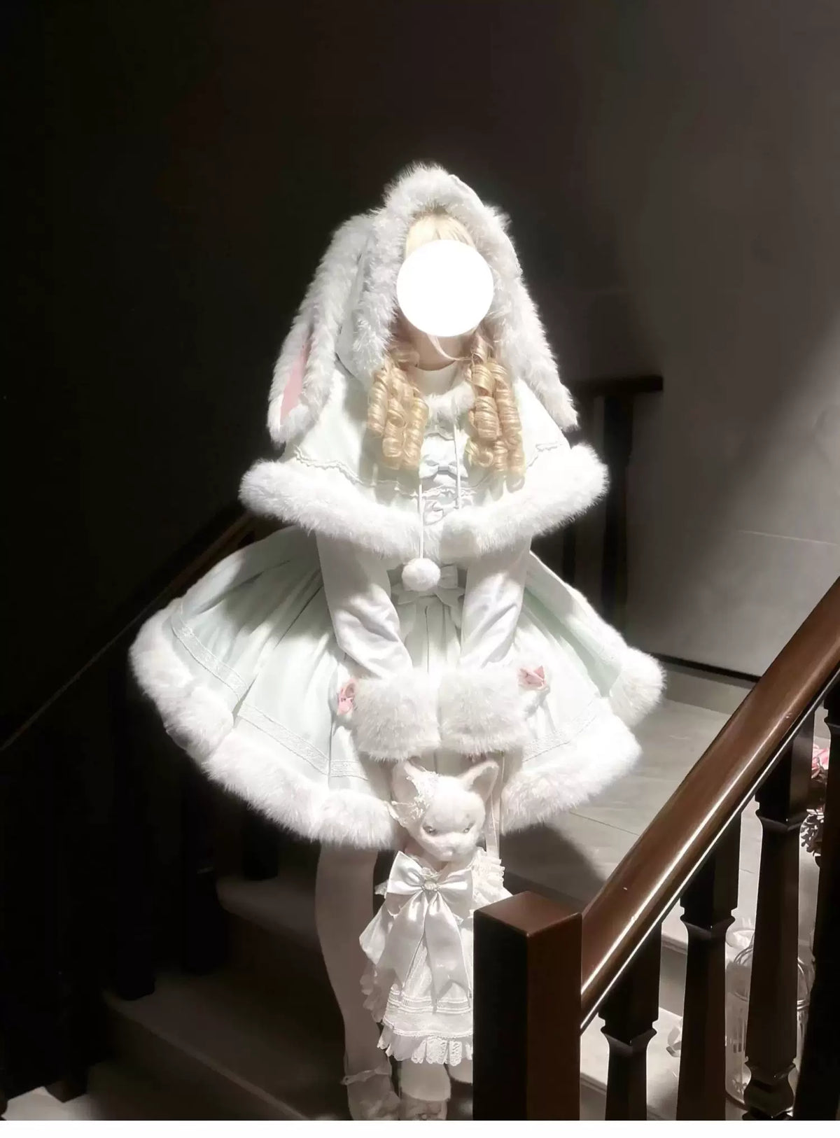 Sweet Dream Bunny - Sweet Lolita Cape & JSK Dress Set, Faux Fur Bunny Ear 46120:875797