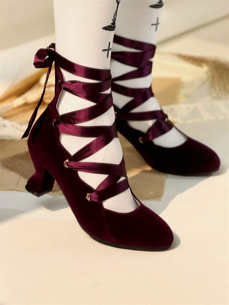 MR.Qiutian - Forbidden Dance - Elegant Lolita Velvet Shoes, Adjustable Lace-Up Straps 43837:786404