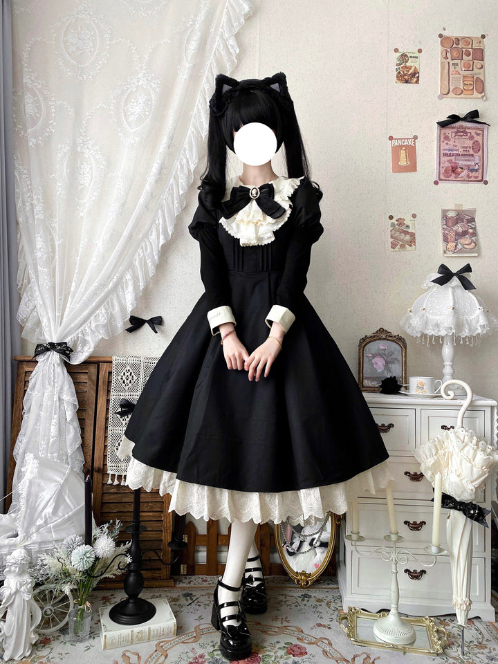 Qianmu~Classic Maid~Gothic Maid Lolita OP Suit with Apron and Jabot