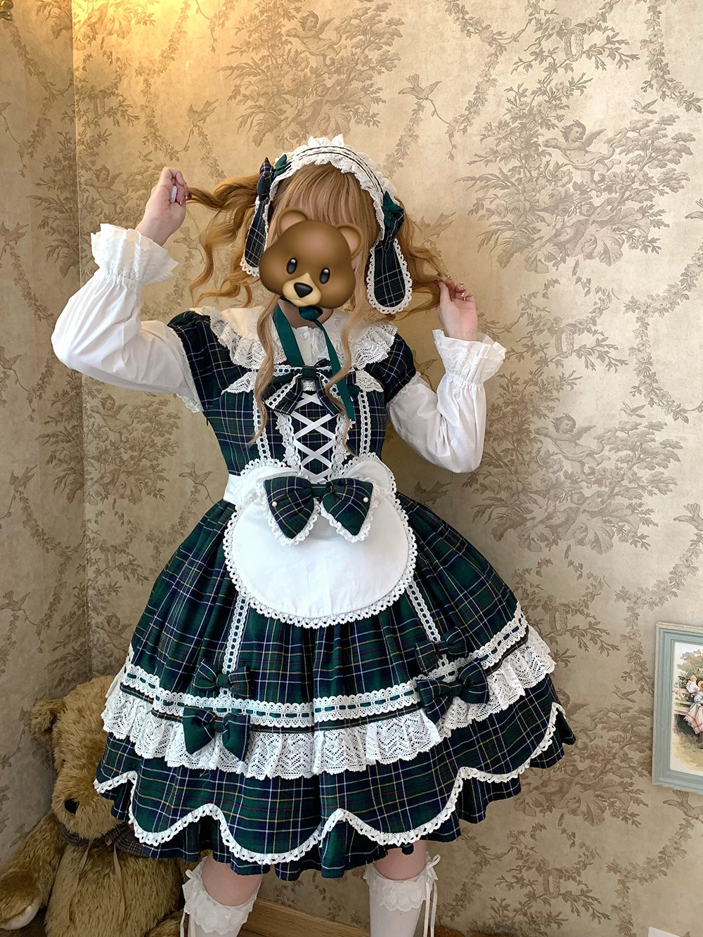 Plaid Petal Bunny - Old School Lolita Bunny Ear Headdress, Bear Ear Apron 44742:820803