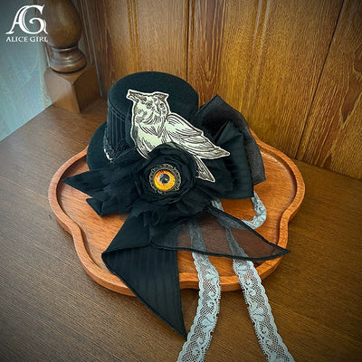 Alice Girl~Doll Mystery~Gothic Lolita Hat Owl Flower Handmade Top Hat Black  