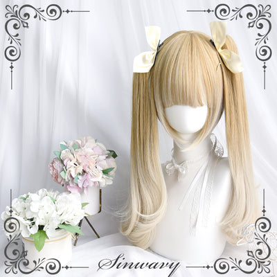 Sinwavy~Pandora's Box~Lolita Short Wig with Cute Double Ponytails milkshake color - long micro curls, only a pair of ponytails  