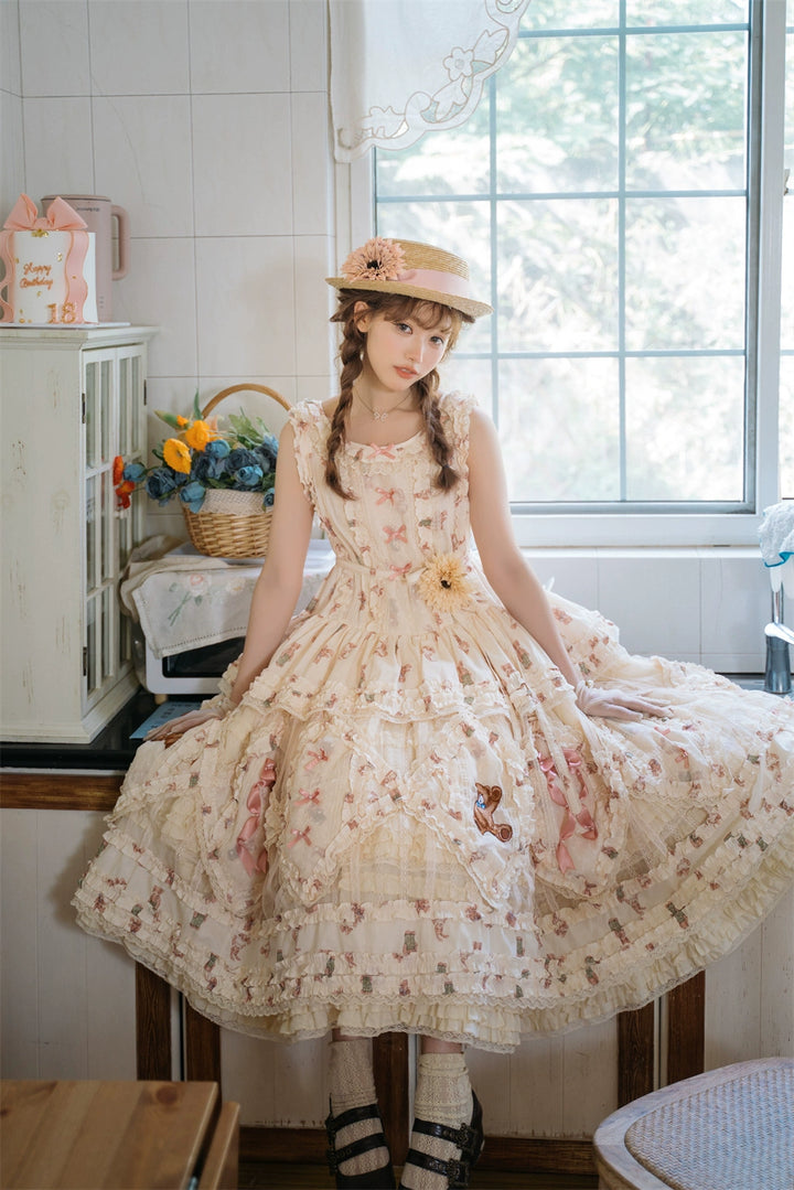 MONO GIRL~Rottengburg Bear~Sweet Lolita JSK Print Hollow-out Ruffles Dress 40730:674878